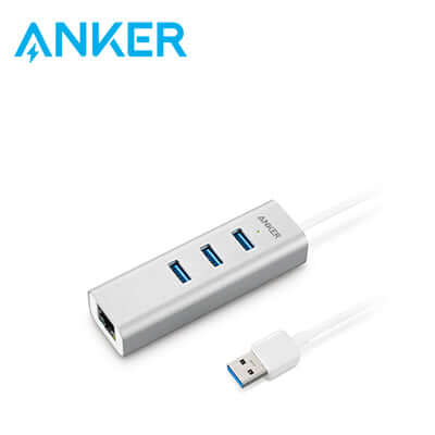 Angled view of the silver Anker three-port USB-A hub with Ethernet port and attached USB-A plug.