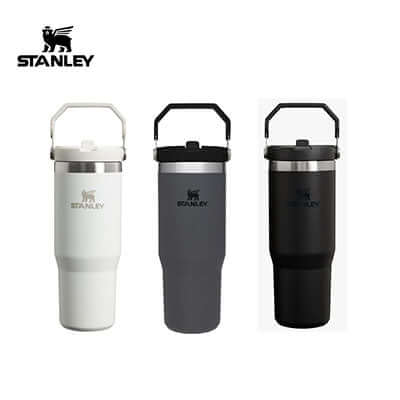 White, charcoal and black Stanley IceFlow tumblers with folding carry handles