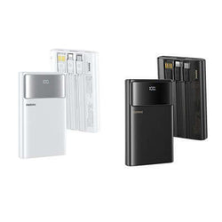 Remax FC-03 Quick Charge Powerbank with Built-in Cables in white and black colors, perfect for on-the-go charging.