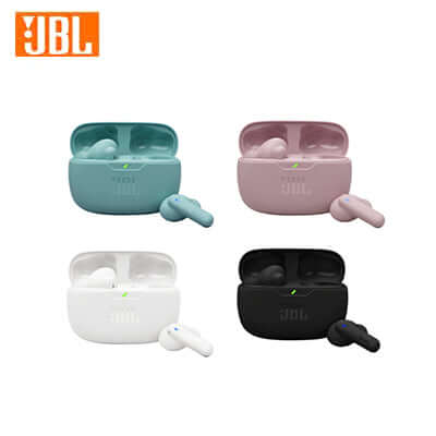 JBL Wave Beam 2 earbuds and open charging cases in blue, pink, white and black