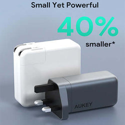 Aukey PA-B6U Omnia II Mix 67W UFCS 3-Port Wall Charger showing size comparison, 40% smaller than traditional chargers.