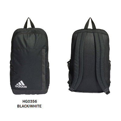 Black adidas Motion backpack shown from front and rear with top carry loop, white logo and adjustable shoulder straps
