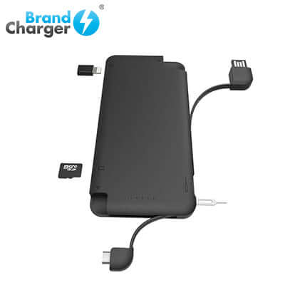 Black BrandCharger iQ+ powerbank with integrated cables, card slot and SIM eject tool shown extended
