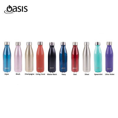 Ten Oasis narrow-neck bottles with silver-coloured twist caps in a catalogue colour chart, including Aqua, Blush, Champagne, Matte Black, Navy and Silver