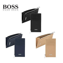 Hugo Boss Card Holder Zip Classic Grained in navy, black, and camel, showcasing premium leather craftsmanship.