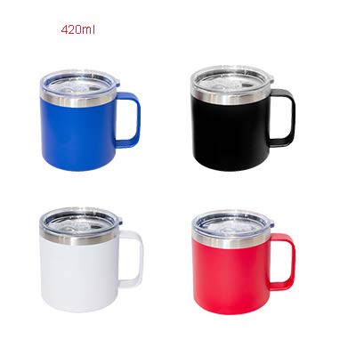 Four handled mugs with silver-coloured rims and clear lids in blue, black, white and red, in a catalogue graphic labelled 420ml