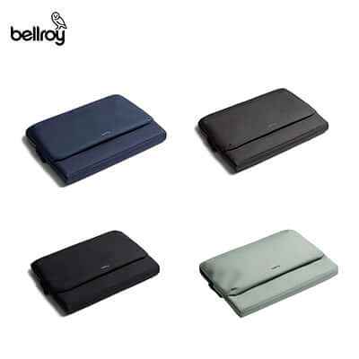 Bellroy Laptop Caddy shown in four colourways with fold-down front pockets closed.