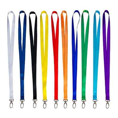 Ten 15mm nylon lanyards with oval metal hooks in white, navy, black, yellow, red, orange, blue, green, turquoise and purple