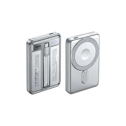 Remax FP-109 Magnetic Wireless Powerbank with C-Cable and Folding Stand in sleek metallic design.