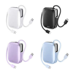 Remax MH136 Mini Powerbank with Cables 10000mAh in four colors: white, black, purple, and blue.