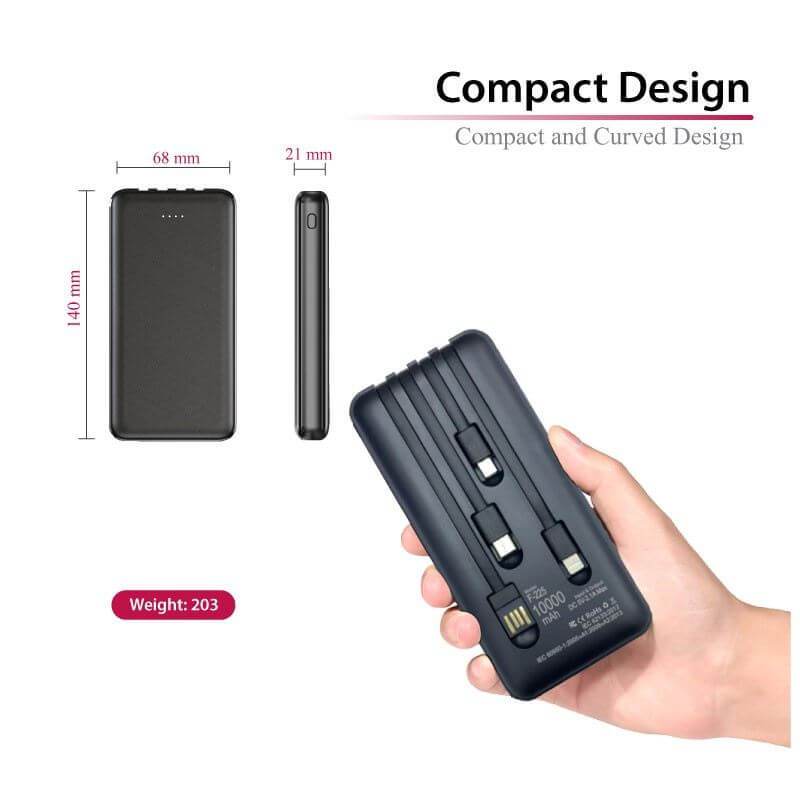 Four-cable power bank held in one hand beside a size diagram