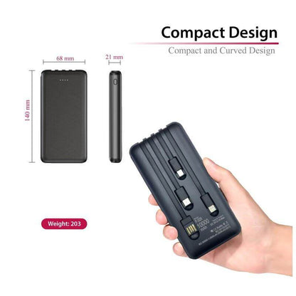 Four-cable power bank held in one hand beside a size diagram