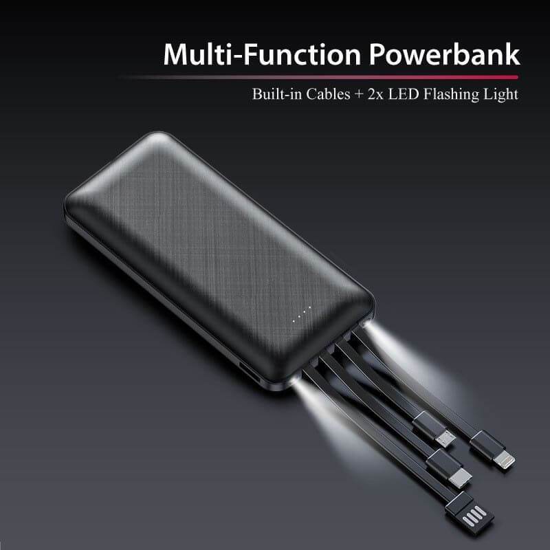 Four-cable power bank with stored leads and torch-light beams illustrated