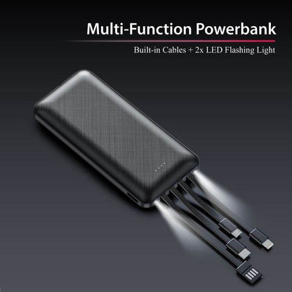 Four-cable power bank with stored leads and torch-light beams illustrated