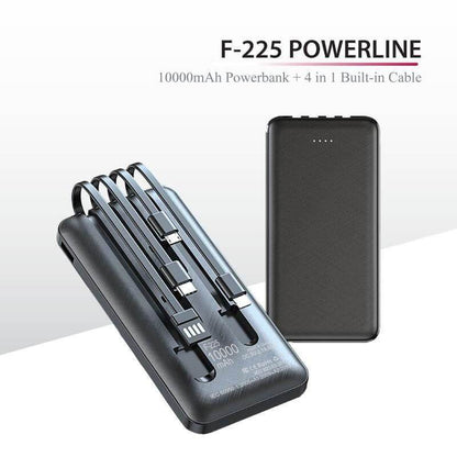Front and rear views of the black four-cable power bank