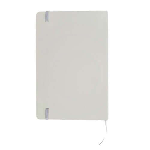 Plain back cover of the white A5 notebook with elastic attachment points and ribbon bookmark.
