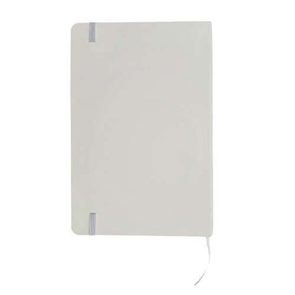 Plain back cover of the white A5 notebook with elastic attachment points and ribbon bookmark.