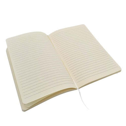 White A5 notebook opened to ruled pages with ribbon bookmark across the centre.