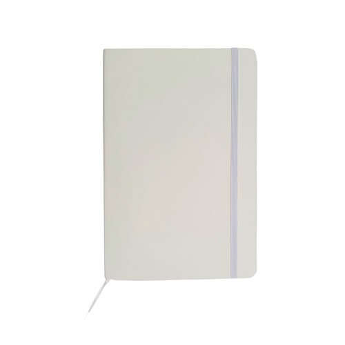 Closed white A5 notebook with vertical elastic closure and ribbon bookmark.