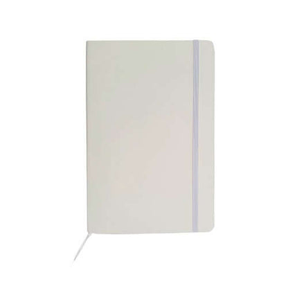 Closed white A5 notebook with vertical elastic closure and ribbon bookmark.