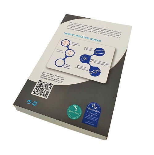 Reverse of the A5 notebook presentation box with printed product information.