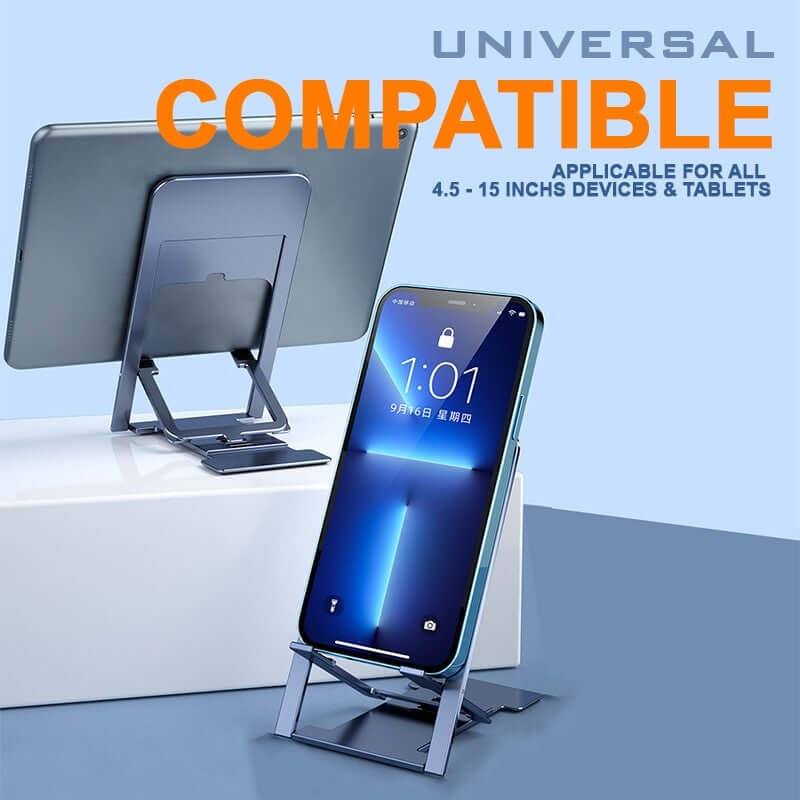 Ultra-Slim Foldable Phone Stand illustrated holding a phone vertically and a tablet horizontally