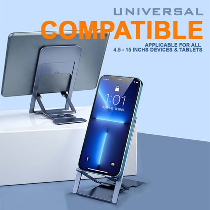 Ultra-Slim Foldable Phone Stand illustrated holding a phone vertically and a tablet horizontally