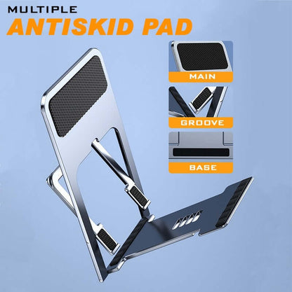 Phone stand detail graphic showing pads on the backrest, device ledges and base