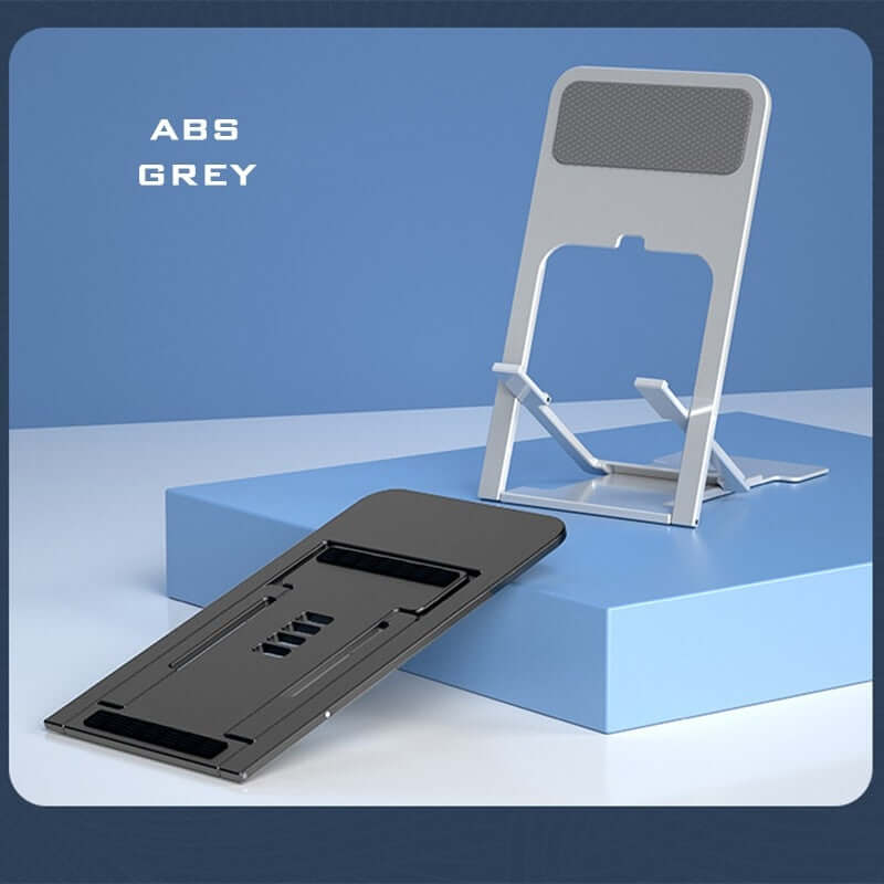 Ultra-Slim ABS phone stand shown opened and folded flat in grey