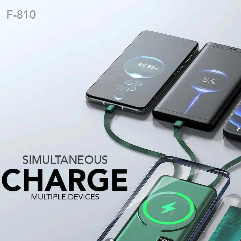 Power bank illustration showing several mobile devices connected by cables and wireless charging