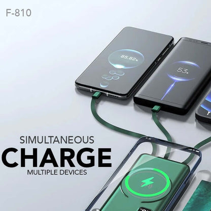 Power bank illustration showing several mobile devices connected by cables and wireless charging