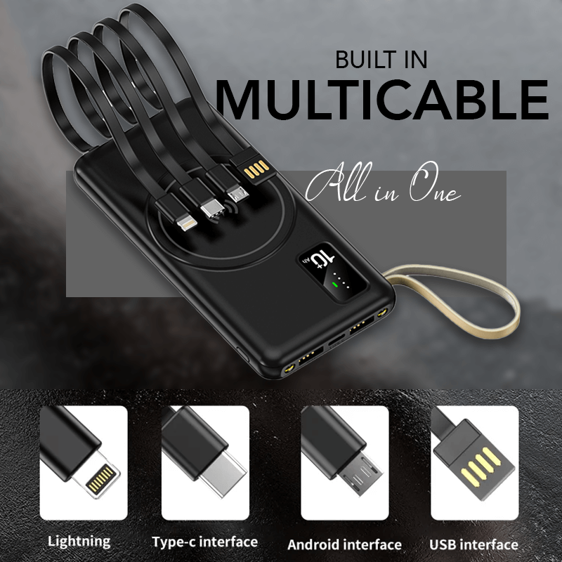 Wireless power bank with integrated leads and a close-up connector diagram