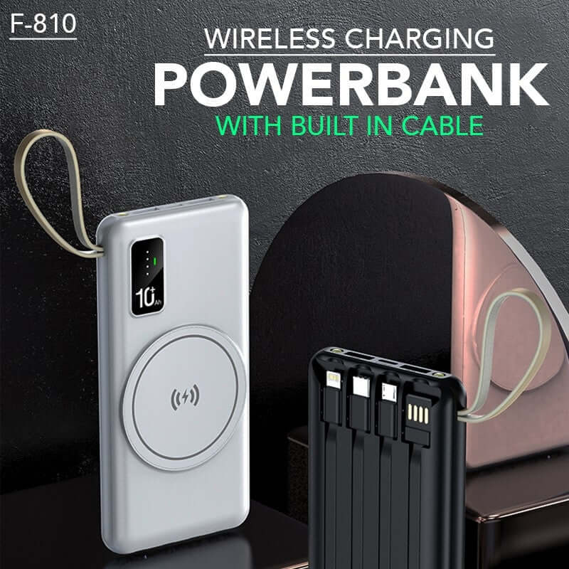 Wireless power bank promotional image showing pale and black versions with stored cables