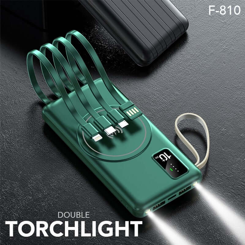 Power bank promotional view with cable leads extended and torch lights illuminated