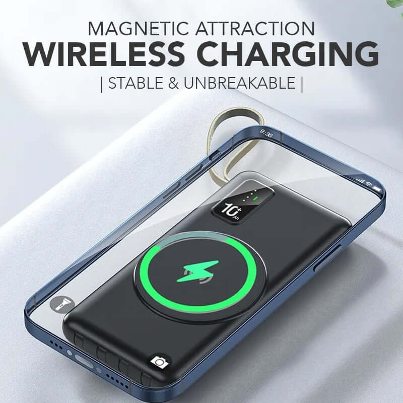 Phone aligned over the power bank wireless charging surface in a demonstration graphic