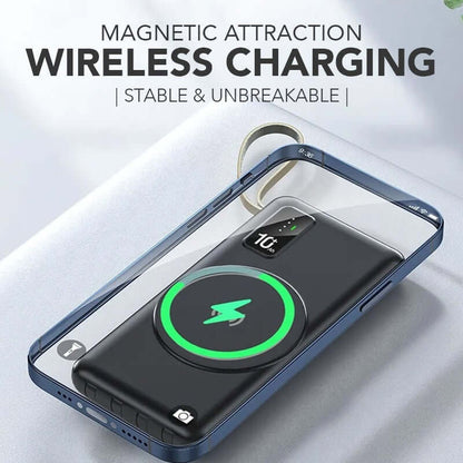 Phone aligned over the power bank wireless charging surface in a demonstration graphic