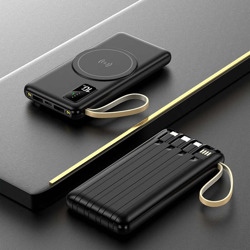 Black wireless power bank shown from front and cable-storage sides