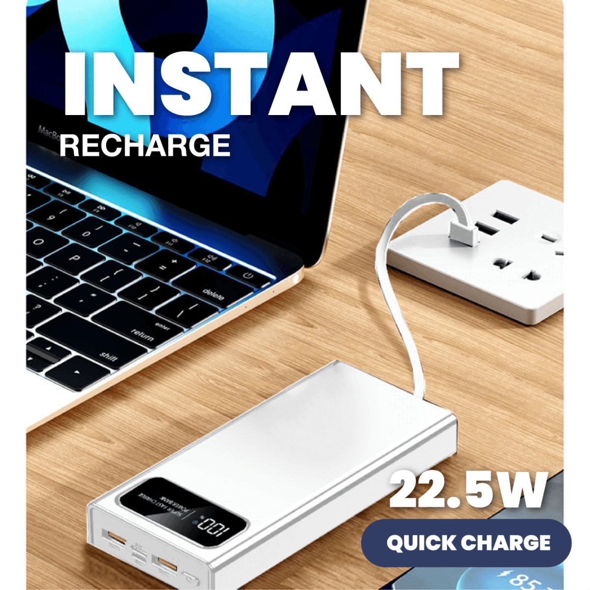 White power bank connected to a USB power strip by its attached lead, with two USB sockets visible at the opposite end