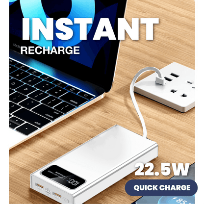 White power bank connected to a USB power strip by its attached lead, with two USB sockets visible at the opposite end