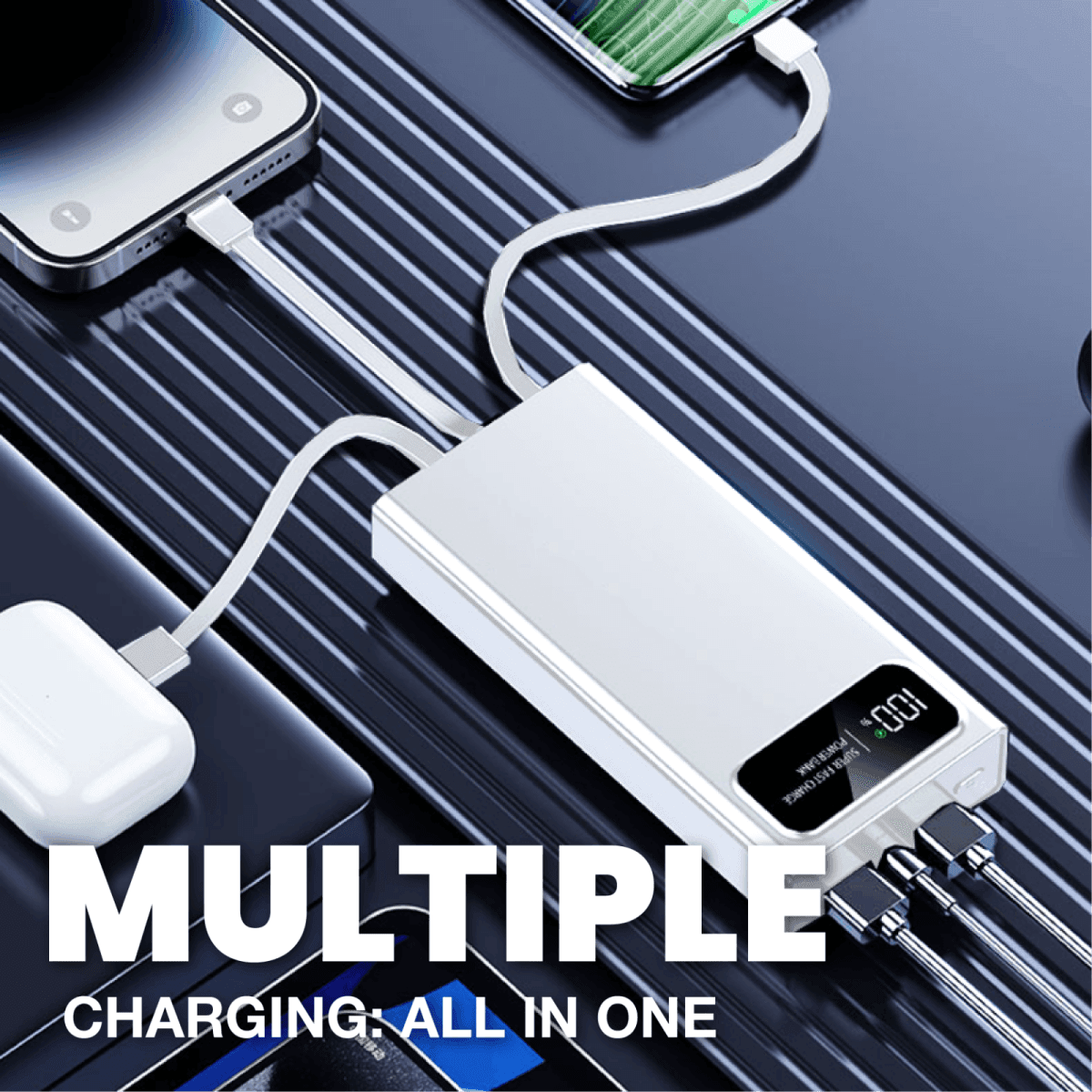 White digital-display power bank illustrated with phones and an earbud case connected by built-in and separate cables