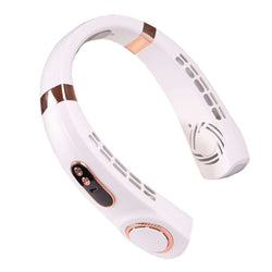 Portable Neck Fan in white with sleek design and controls, perfect for staying cool and corporate gift.