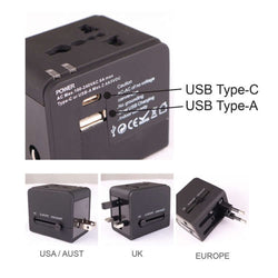 Universal Travel Adaptor with Pouch featuring USB Type-C and USB Type-A ports for charging devices worldwide.