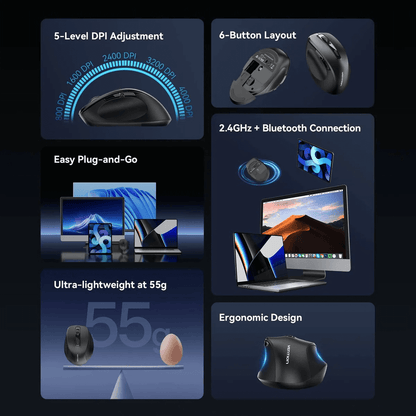 Vention Dual-Mode Wireless Ergonomic Mouse features 5-level DPI adjustment, 6-button layout, and ergonomic design.