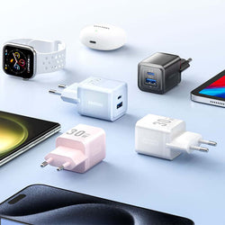 Vention Dual Ports USB (C+A) GaN Charger 30W alongside various devices and accessories.