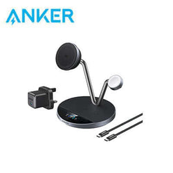 Anker Prime Wireless 3-in-1 Charging Station AirCool Dock Stand Magnetic Charger B25X7 with power adapter and cables.