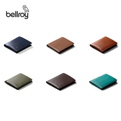 Bellroy Note Sleeve bifold wallets shown in six leather colourways.