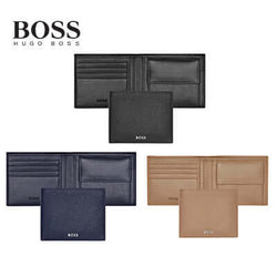 Hugo Boss Money Wallet Classic Grained collection in black, navy, and tan leather featuring card slots.