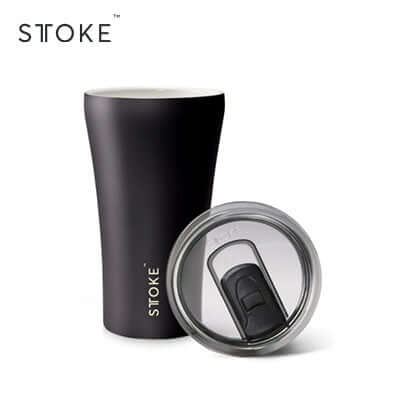 Black STTOKE Classic 12oz cup shown open beside its clear lid with a dark sliding drinking cover