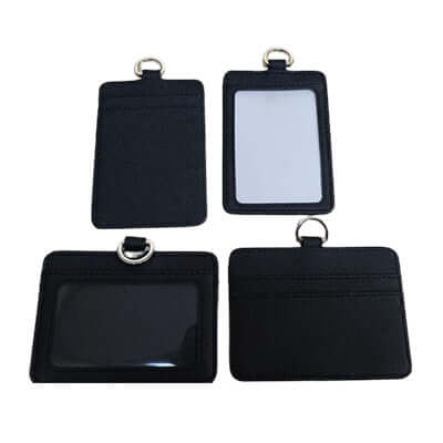Black PU ID card holders in portrait and landscape formats showing clear windows and attachment rings