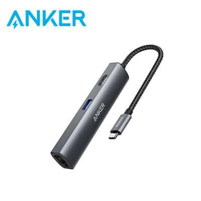 Grey Anker five-in-one USB-C hub with attached braided lead, HDMI and USB ports